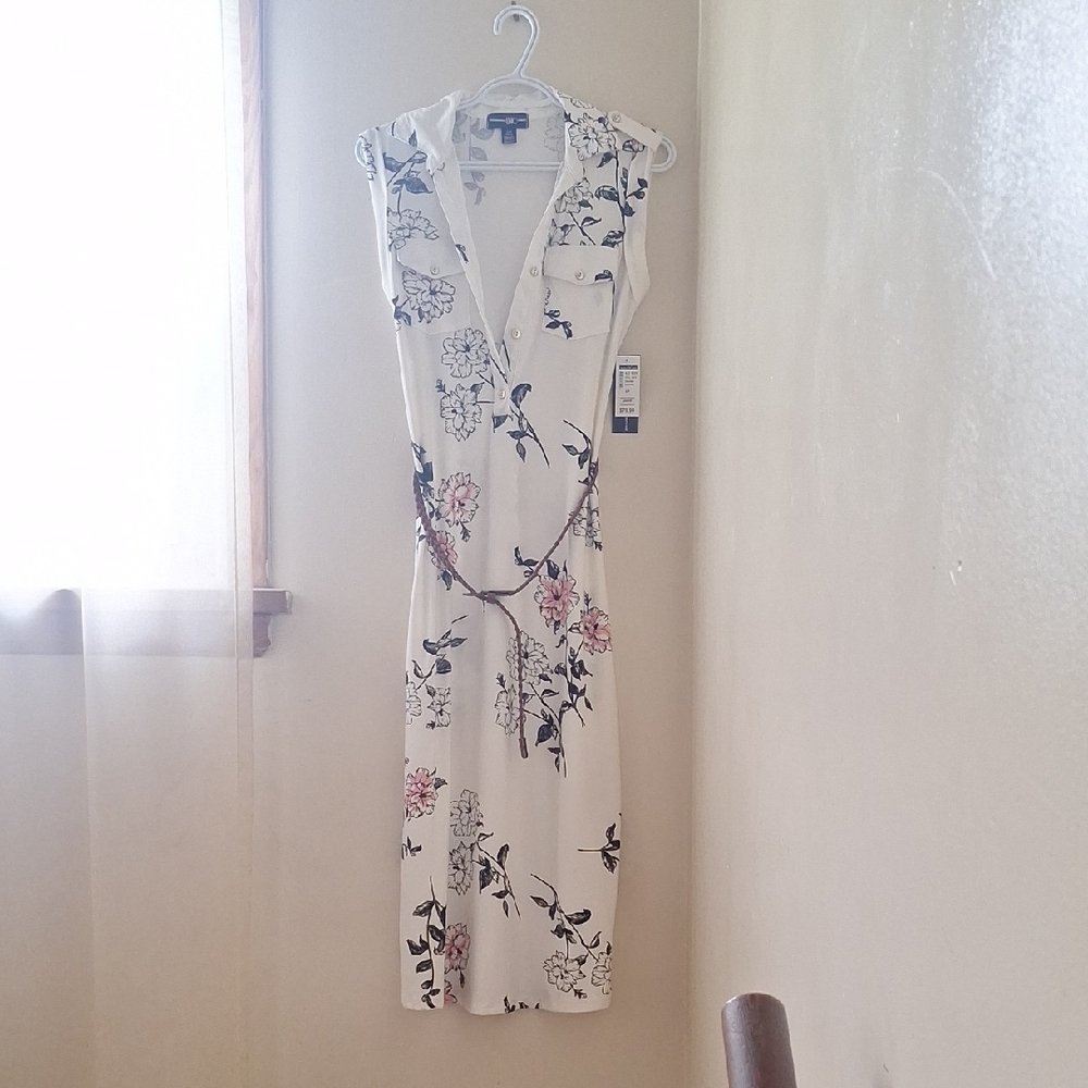 INC International Concepts White Floral Midi Dress With Brown Braided Belt.